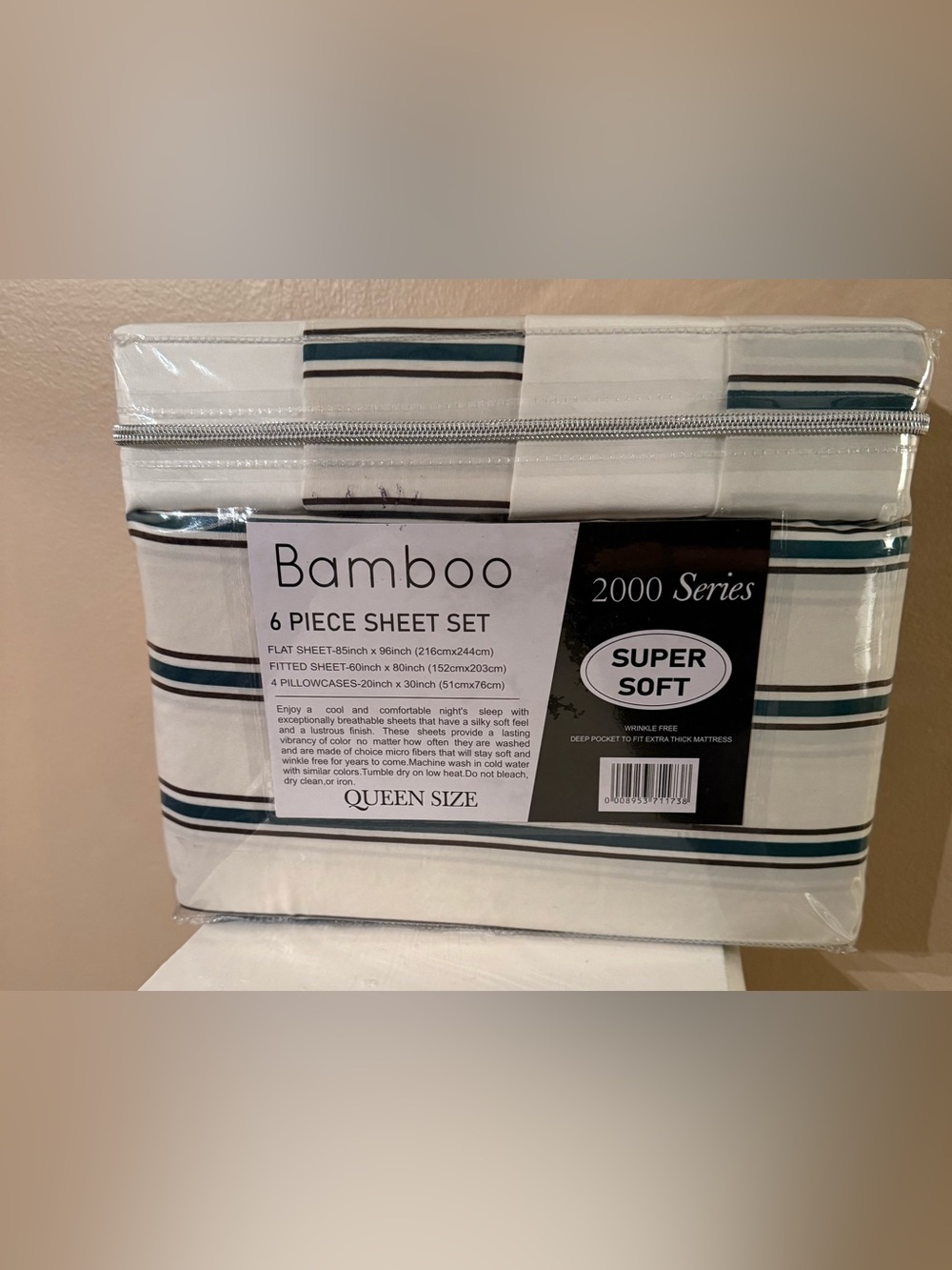 Bamboo Cotton Touch 6 pieceQueen Sheet Set - White w/Green Stripes - Picture 2 of 3